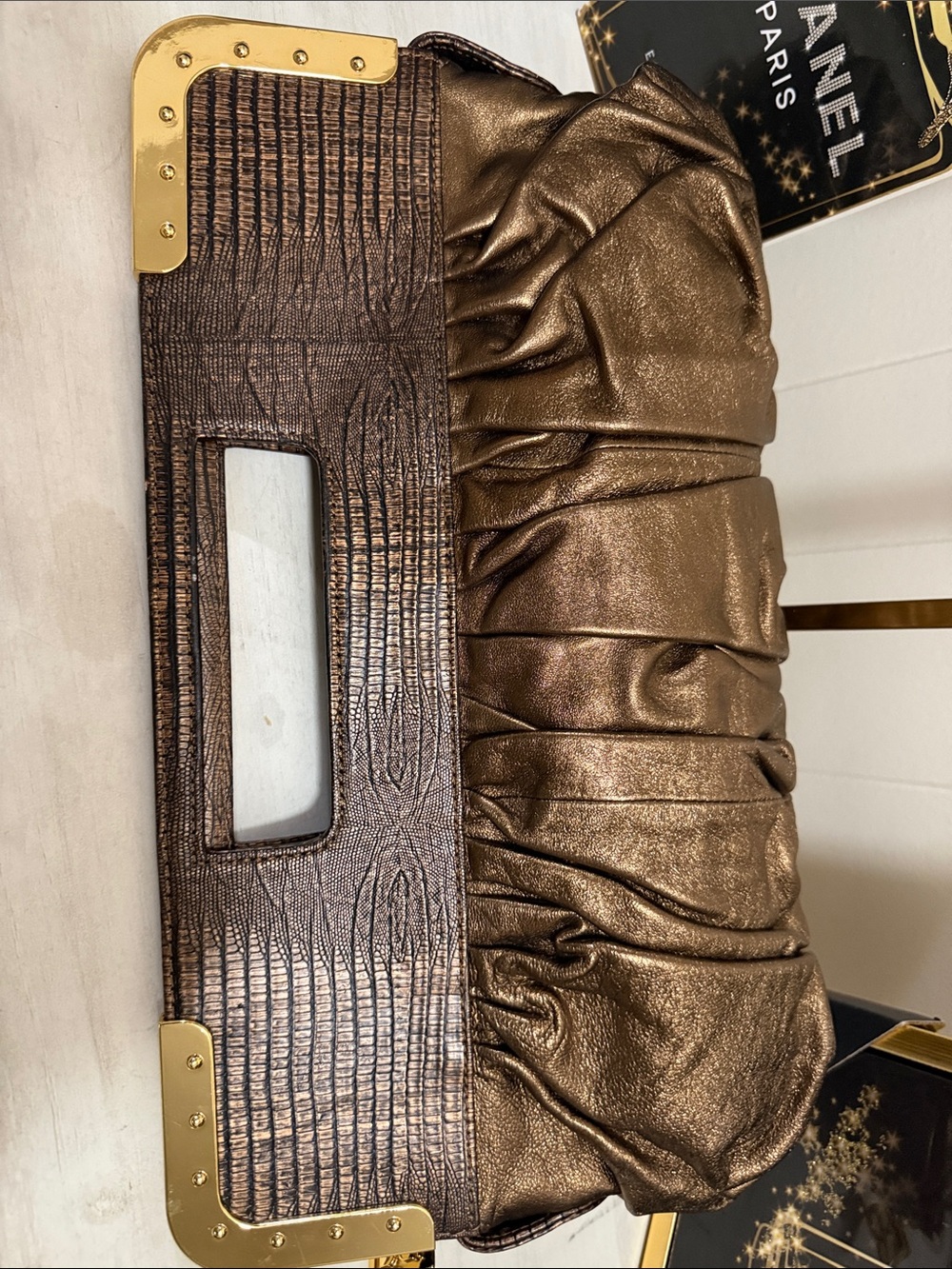 BCBGMAX Azria Bronze Metallic Pleated Wristlet Clutch with Gold Accents - Picture 11 of 11